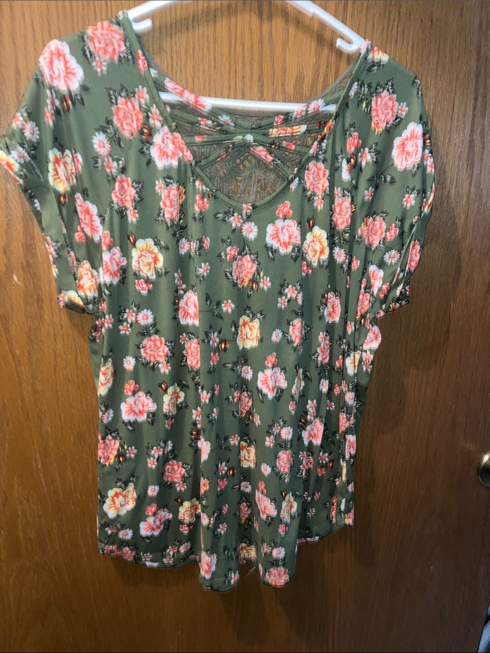 No Boundaries Olive Green Floral Short Sleeve Top with Lace Back